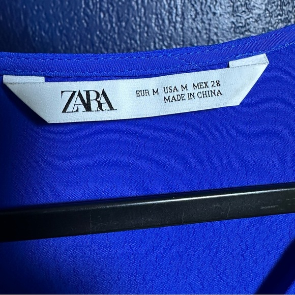 Zara Mini Dress Women Royal Blue Accordion 3/4 Bell Sleeve Tier Pleated Hem - Picture 8 of 9